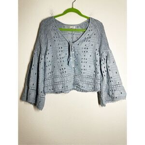Zara Bohemian Blue Eyelet Tassel Bell Sleeve Button Down Top Size S
